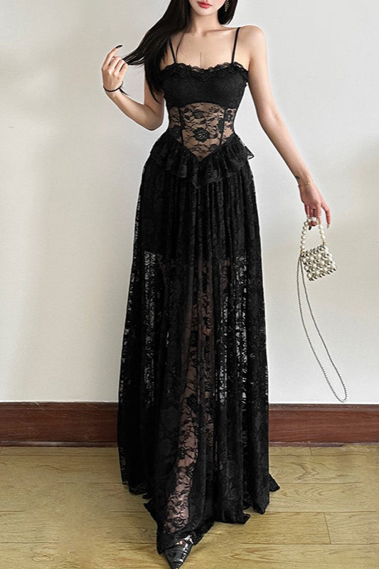Sleeveless Ruffled Waist Maxi Lace Dress - View 6 | VelvetHem
