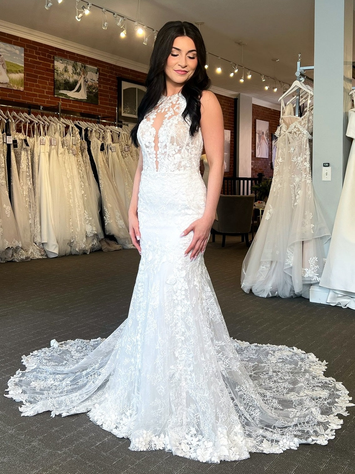 Round Neck Sleeveless Open Back All Over Lace Mermaid Wedding Gown