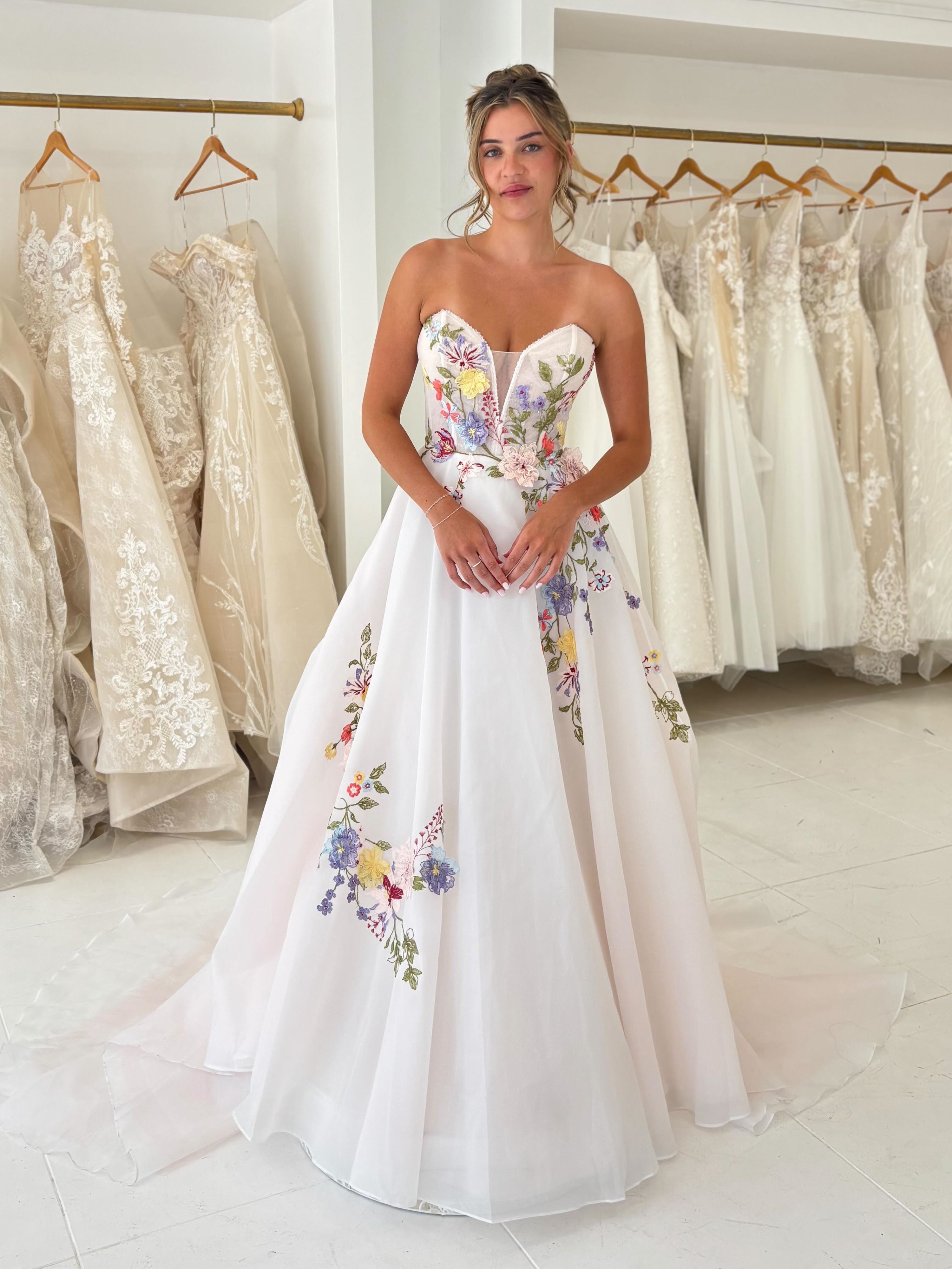 Romantic Colorful Floral Applique Voluminous Organza Wedding Gown