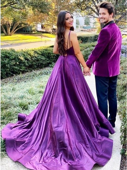 A-Line Long Purple Prom Dresses V-Neck Satin Evening Gown - View 2 | FashionDia