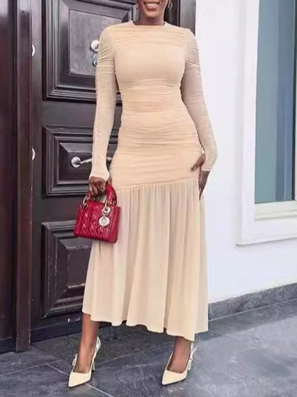 Long Sleeves Skinny Pleated See-Through Solid Color Split-Joint Round-Neck Evening Dresses Maxi Dresses - VelvetHem