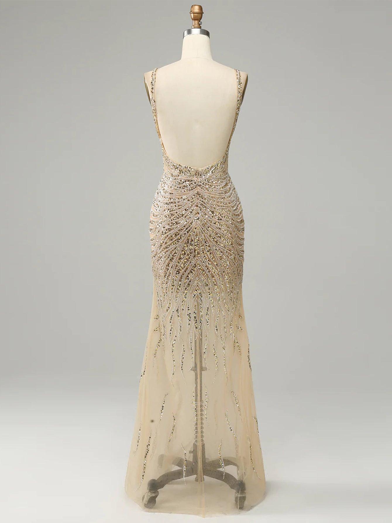 Golden Deep V Neck Stripes Backless Sleeveless Long Prom Dress - Fashionpara