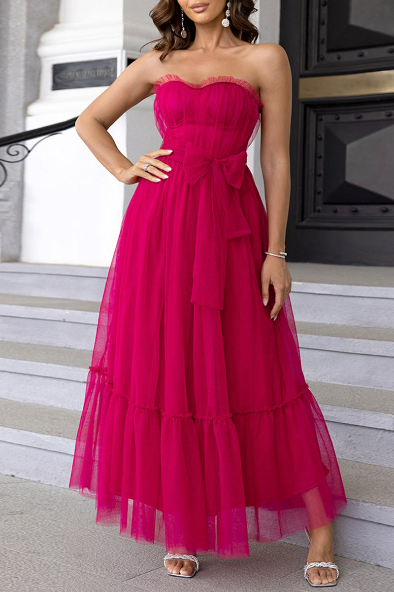 Elegant Formal Solid Frenulum Flounce With Bow Strapless Evening Dress Dresses - VelvetHem