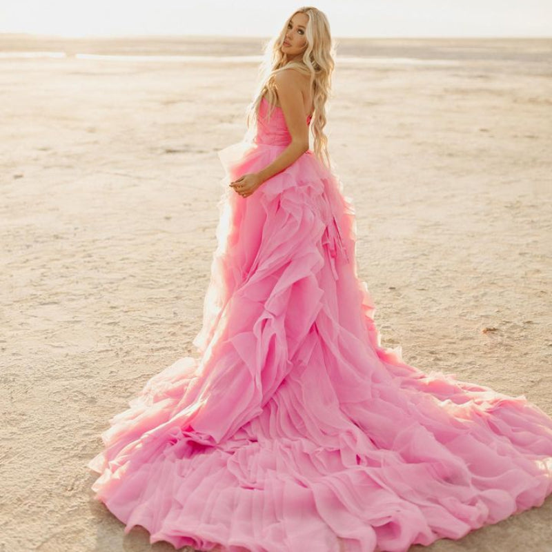 Elegant Pink Petal Ruffle Prom Party Dresses Long Strapless Bridal Photography Dress Beach Boho Maternity Photo Shoot Gowns - View 4 | VelvetHem
