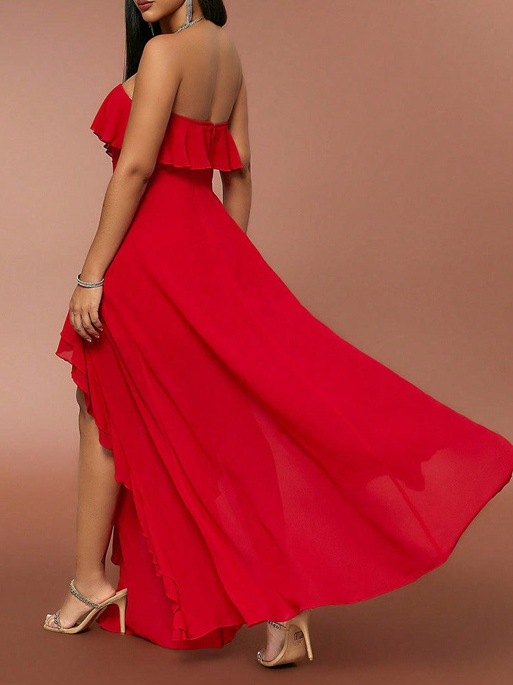 Red Ruffle Tube Top V neck Flounce Backless Evening Dress - View 4 | VelvetHem