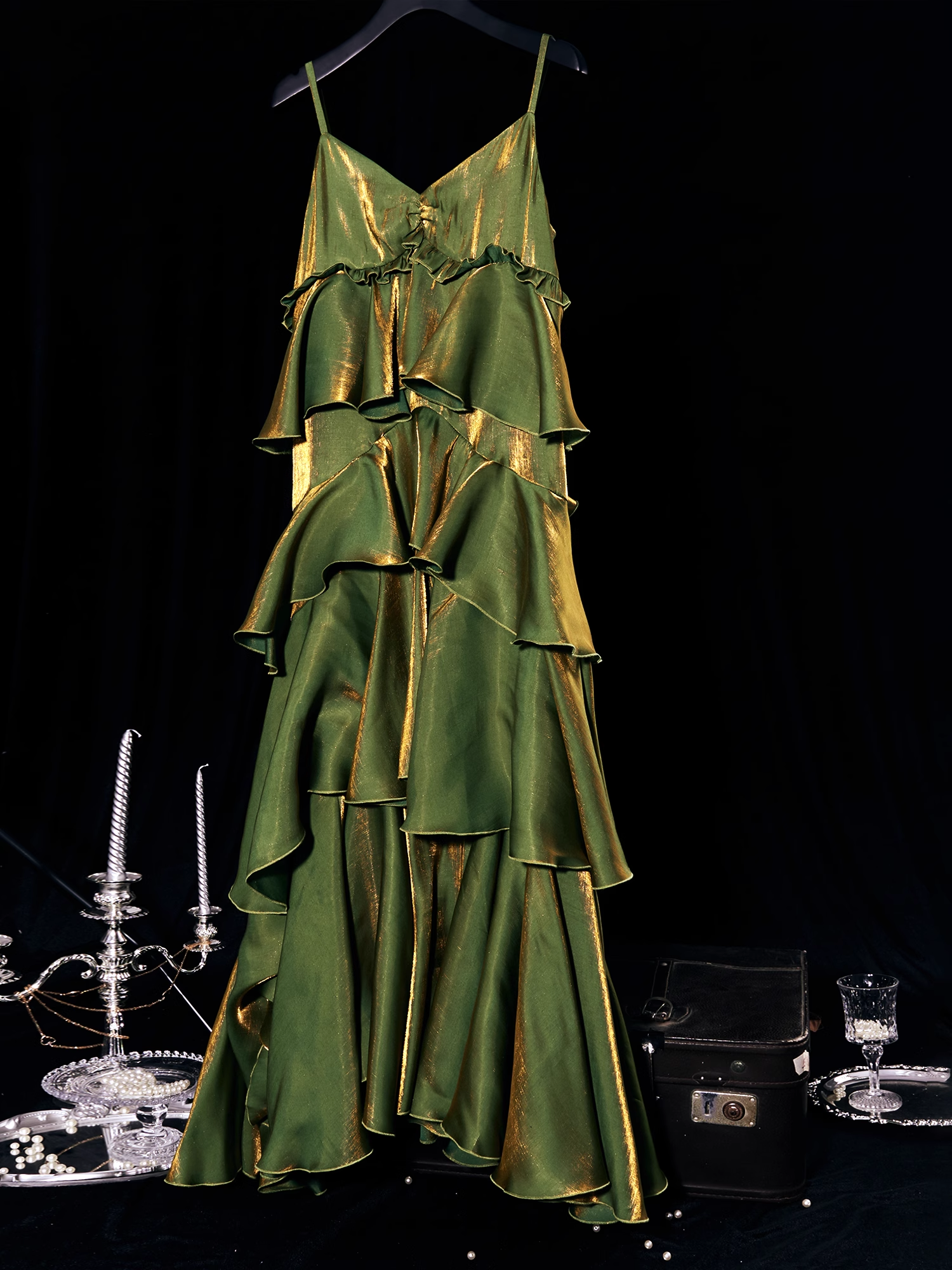 French Retro A line Spaghetti Straps Green Long Prom Dress Birthday Dresses