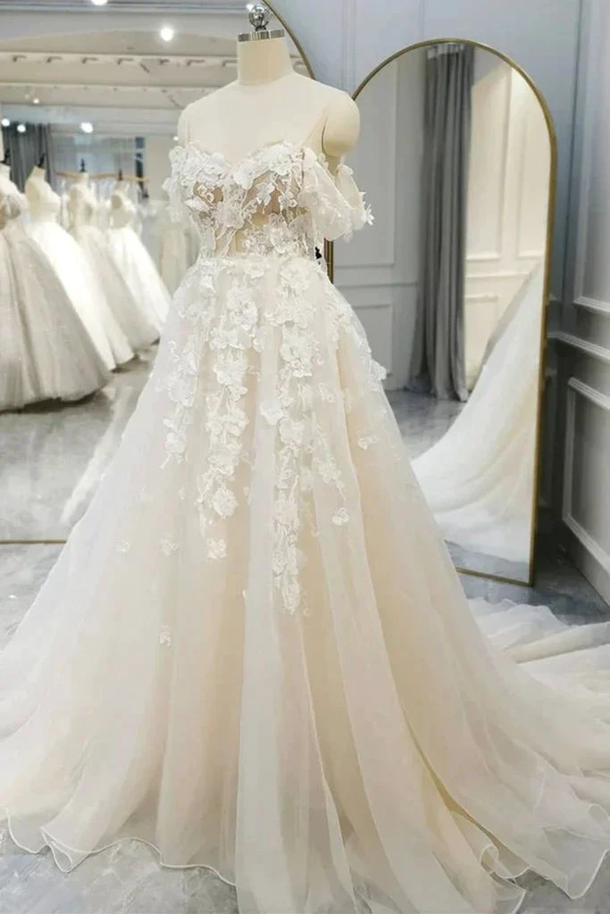 Off Shoulder Light Champagne Tulle Lace Long Wedding Dress (ZD13586) - View 3 | VelvetHem