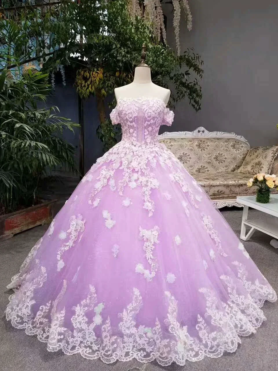 New Arrival Floral Wedding Dresses A-Line Floor Length Lace Up Off The Shoulder Ball Gown With Beads And Appliques (ZD13598)