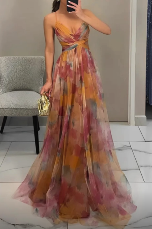 Beautiful Straps Tulle Print Long Prom Dress Formal A Line Evening Dress