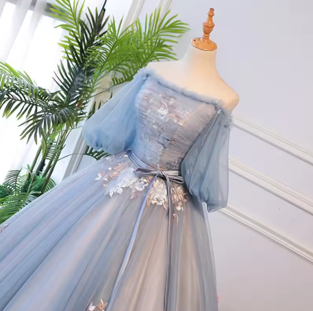 Unique blue tulle lace long prom dress blue evening dress S13770 - View 3 | VelvetHem
