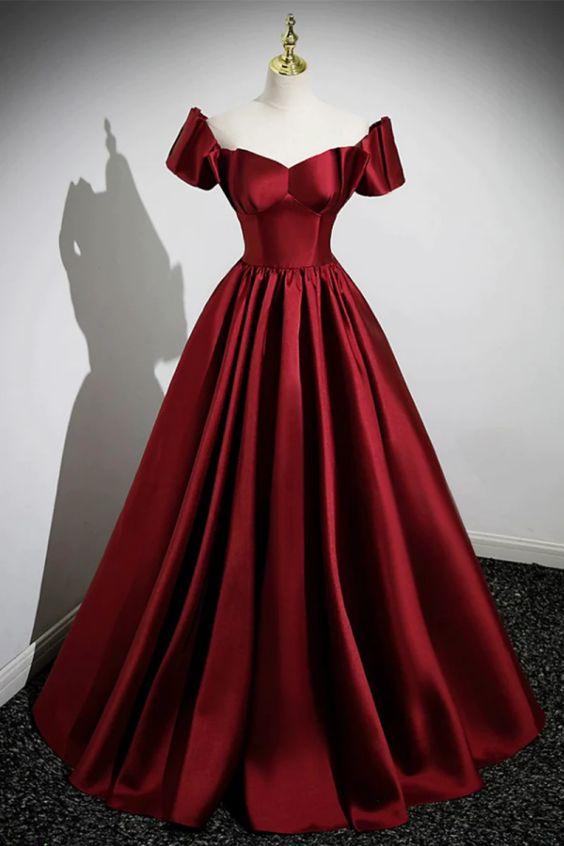 A Line Burgundy Satin Floor Length Prom Dress, Off the Shoulder New Party Dress