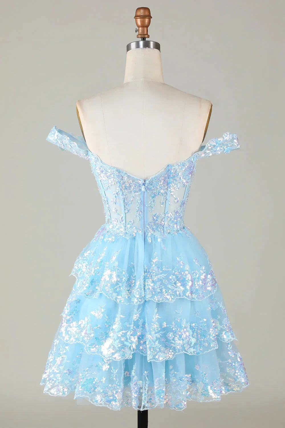 Sparkly Blue Corset Tiered Lace A-Line Short Homecoming Dress (ZD12694)