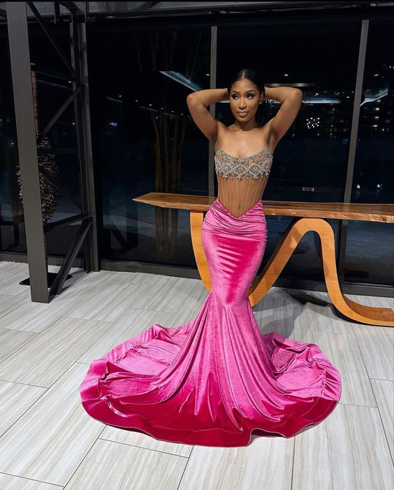 Sexy Mermaid Fuchsia Velvet Evening Dress,Glam Dress