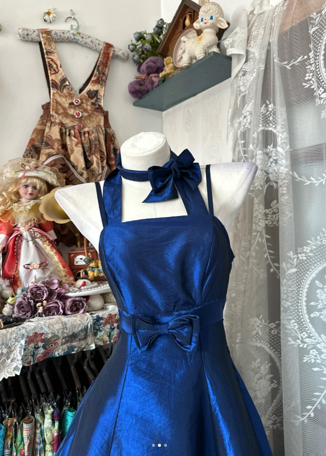Retro Royal Blue Satin Bow A Line Long Birthday Party Dress Prom Gown