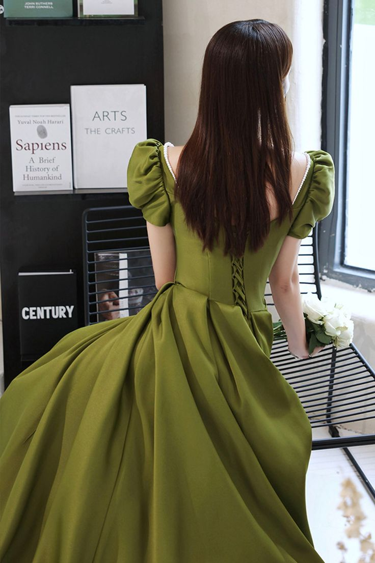 Green Satin Long Prom Dresses A-Line Evening Dresses Y7097 - View 4 | VelvetHem