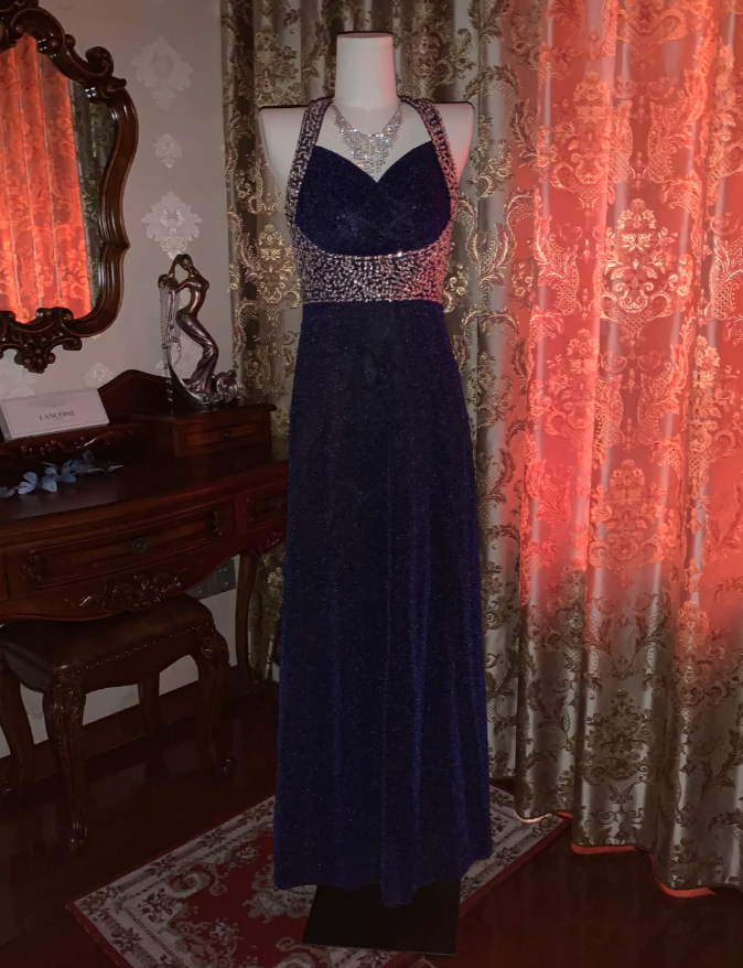 Pretty Halter Navy Blue Sequin Beaded Mermaid Long Evening Dress Birthday Party Dress - FashionDia