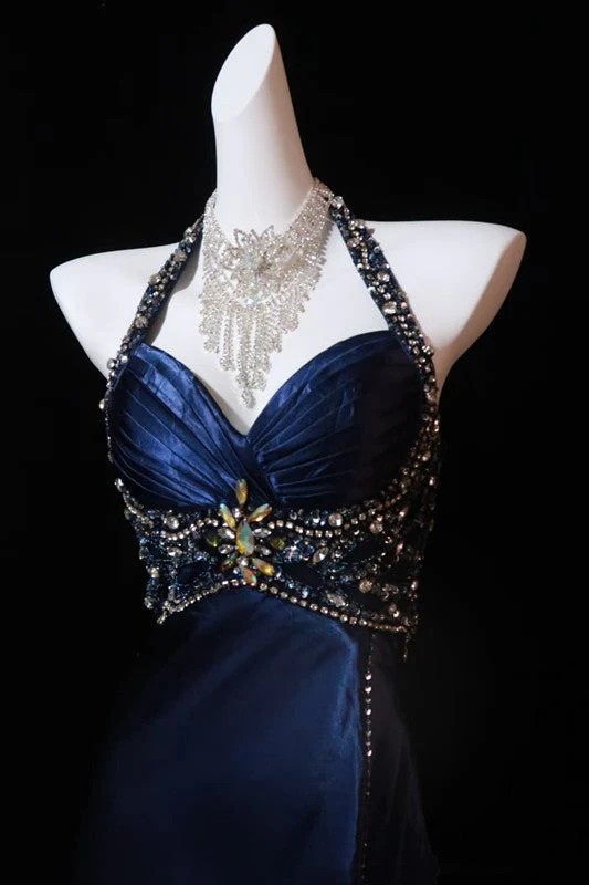 Luxury Navy Blue Beaded Slit Evening Dress Formal Prom Dress Y7723 - View 2 | VelvetHem