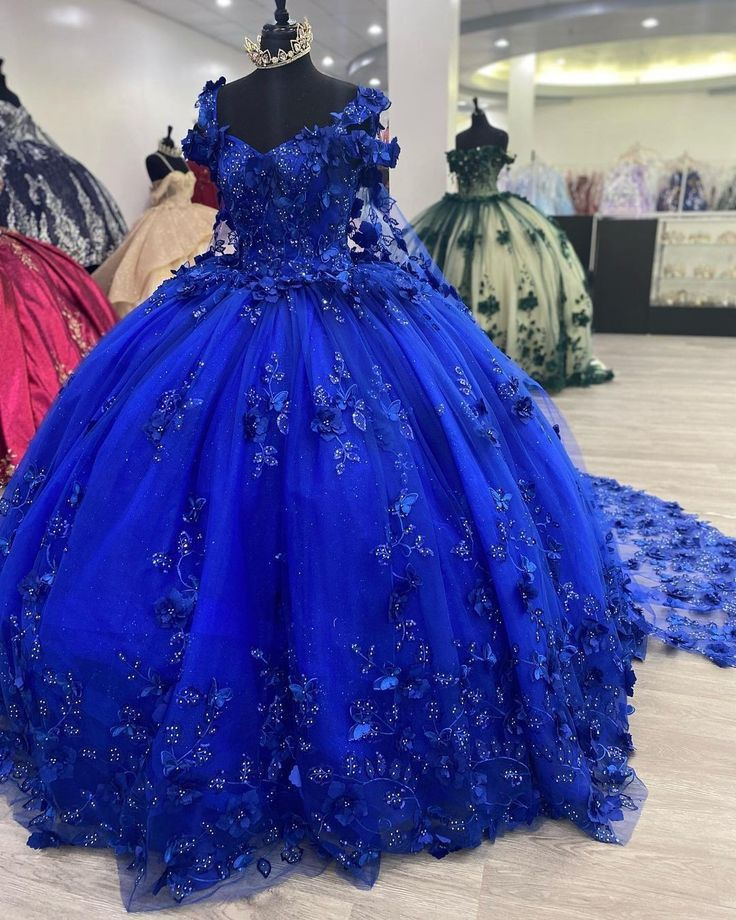 Royal Blue Sweet 16 Princess Ball Gown Quinceanera Dresses with Train for Girls Prom Party Evening Long,Y2479 - VelvetHem