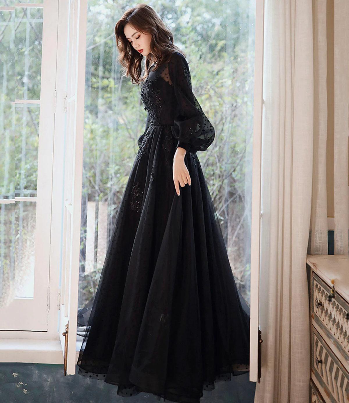 Black lace long prom dress A line evening gown Y1294 - VelvetHem