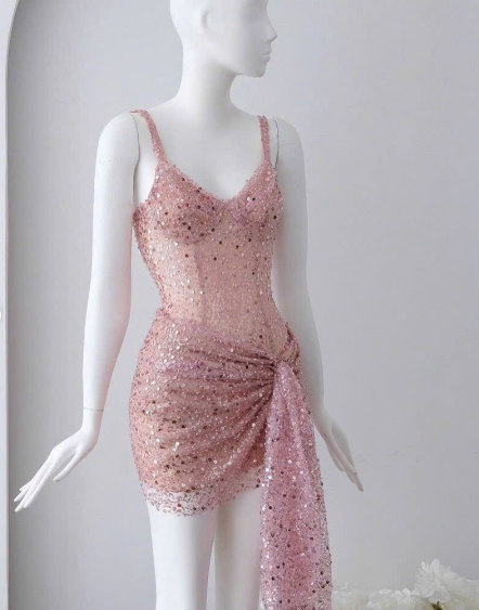 Sparkly Tulle Sequin Sheath Cocktail Dress Pink Short Homecoming Dress Birthday Outfits Dress