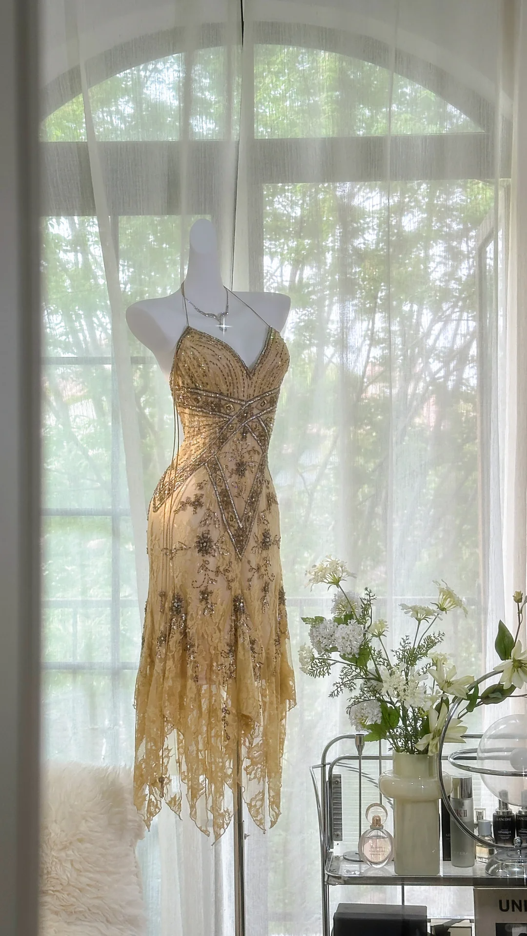 Vintage Spaghetti Straps Lace Sequin Mermaid Evening Dress Long Prom Dress