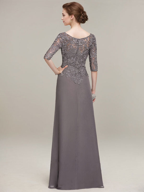 A-line Scoop Illusion Floor-Length Lace Chiffon Mother of the Bride Dress With Cascading Ruffles - View 4 | FashionDia