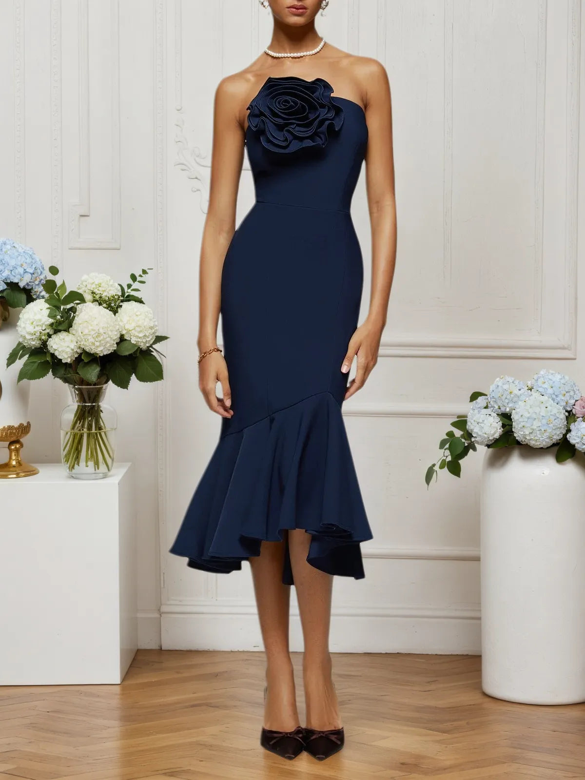 Dark Blue 3D Floral Strapless Mermaid Midi Dress - FashionDia