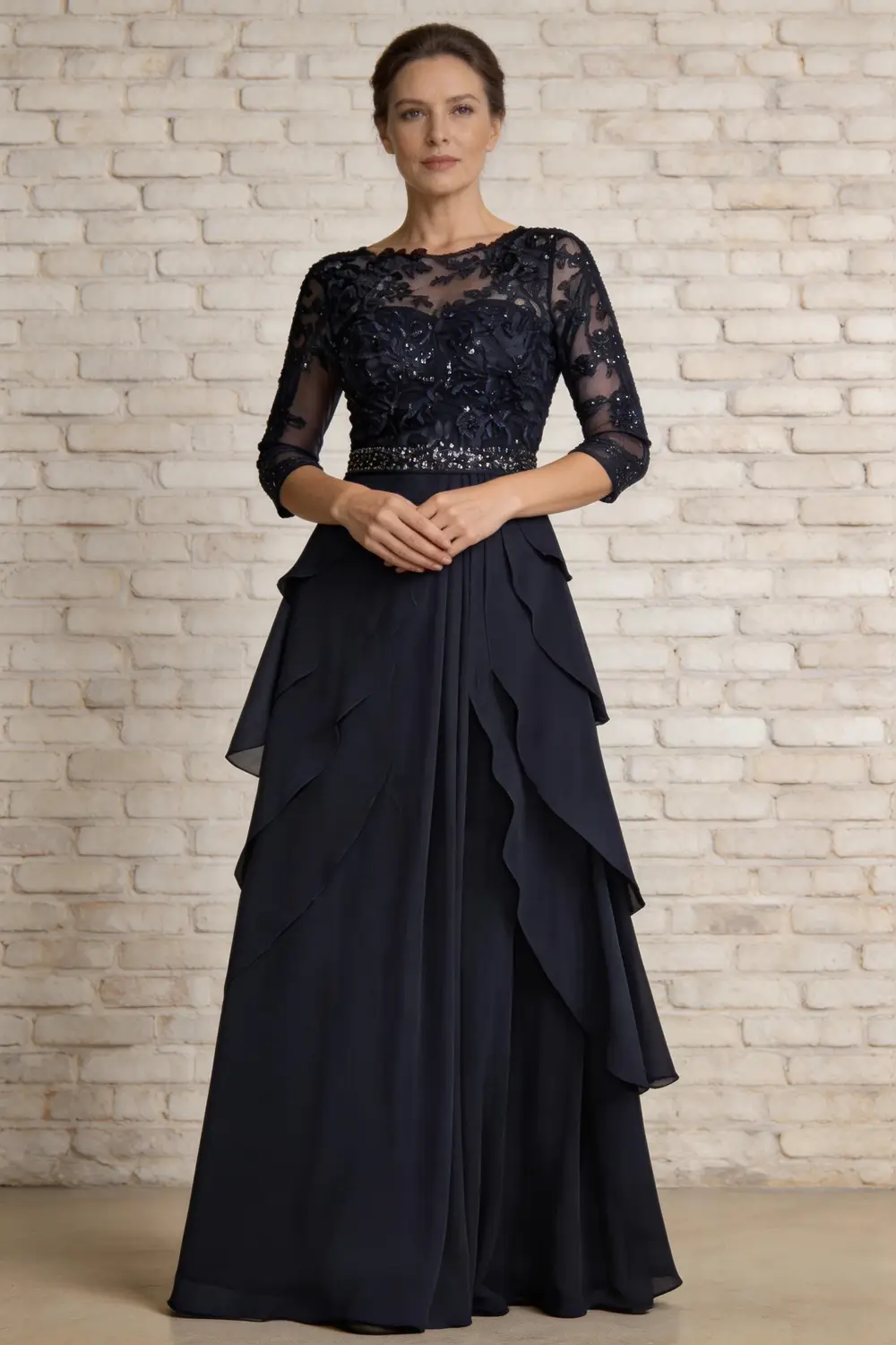 Navy Blue Lace Applique Chiffon Mother of the Bride Dress (ZD17163)