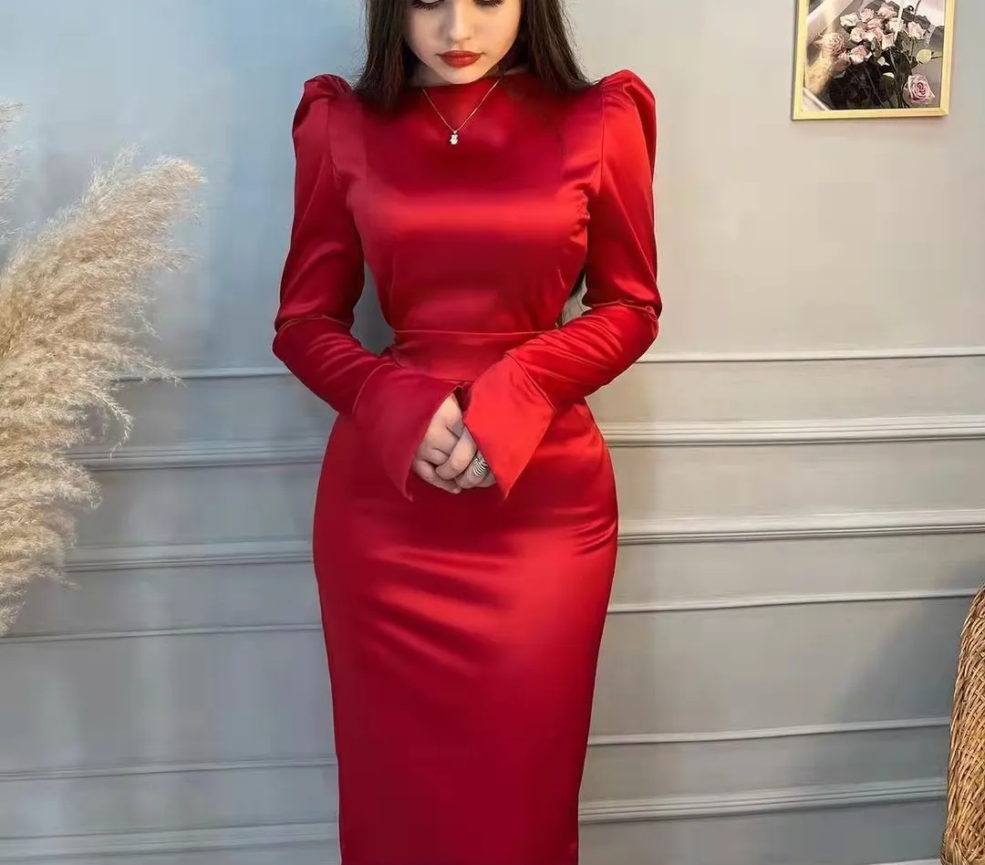 Modest Red Long Sleeves Evening Dress Simple Red Prom Dress Y6564 - View 2 | VelvetHem