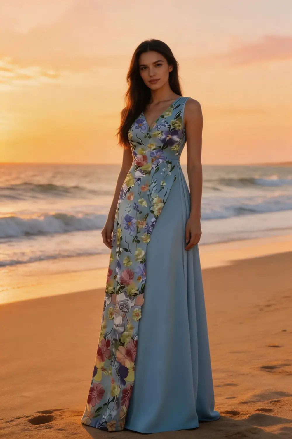 Sky Blue Floral Print Asymmetrical Maxi Dress For Summer Events by tangjianjun