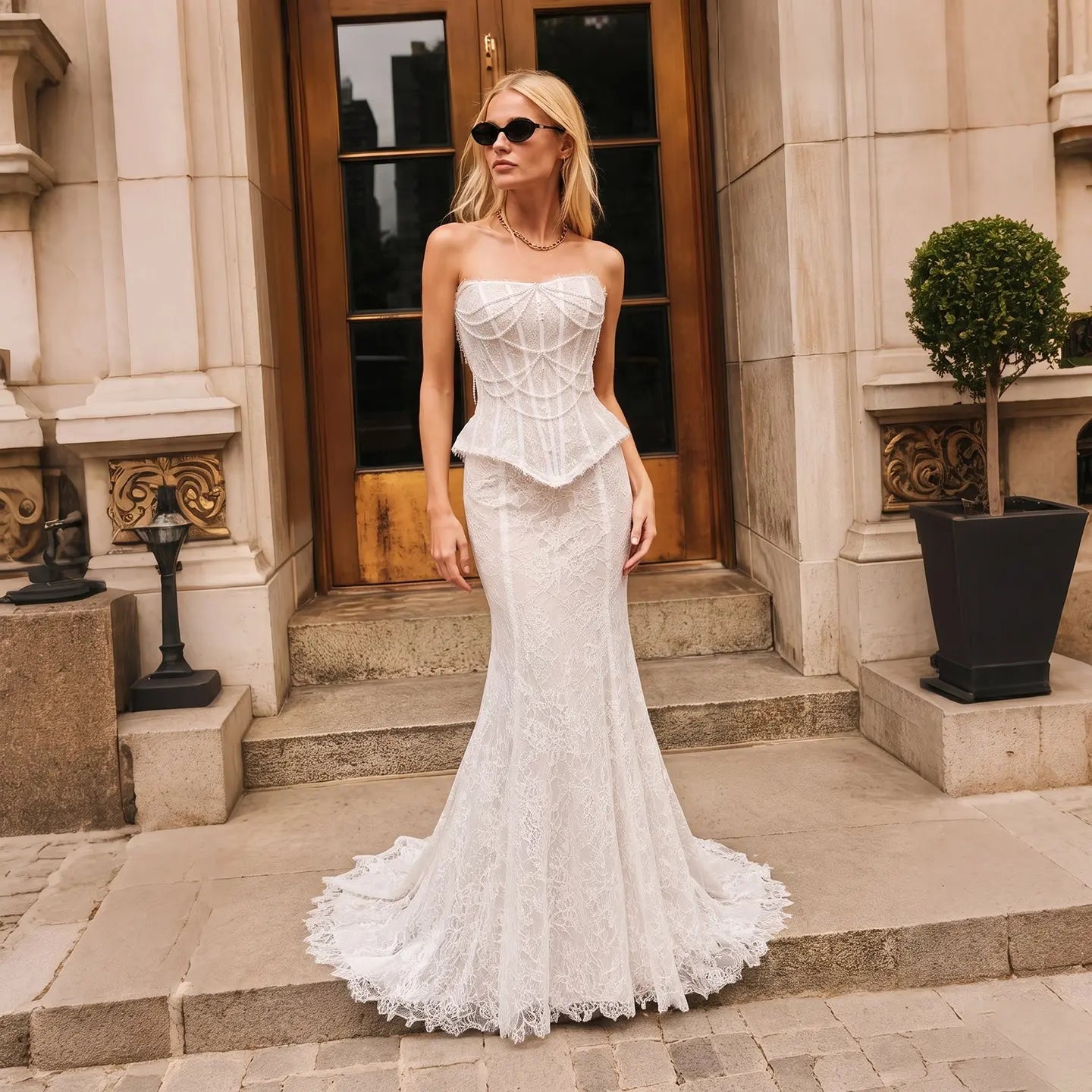 White Nude  Mermaid Wedding Dress Beaded Chain Detailing With Lace Train  ZP039