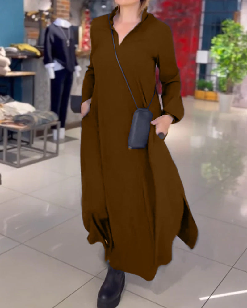 Rebeca Statement Loose Long Dress with Lapels and Side Slit Designer Edit