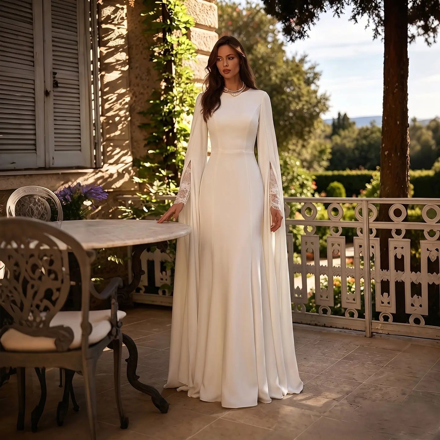 Ivory Minimalist Modest Mermaid Beaded Satin Wedding Dress  Sweep Train ZP031