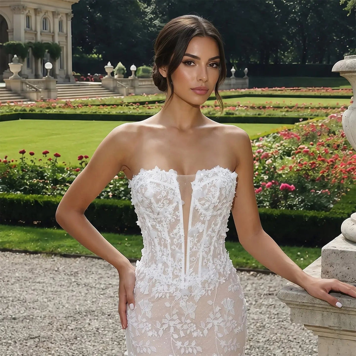 White Nude Lace Fairytale  Mermaid Wedding Dress 3D Floral  Train  ZP037