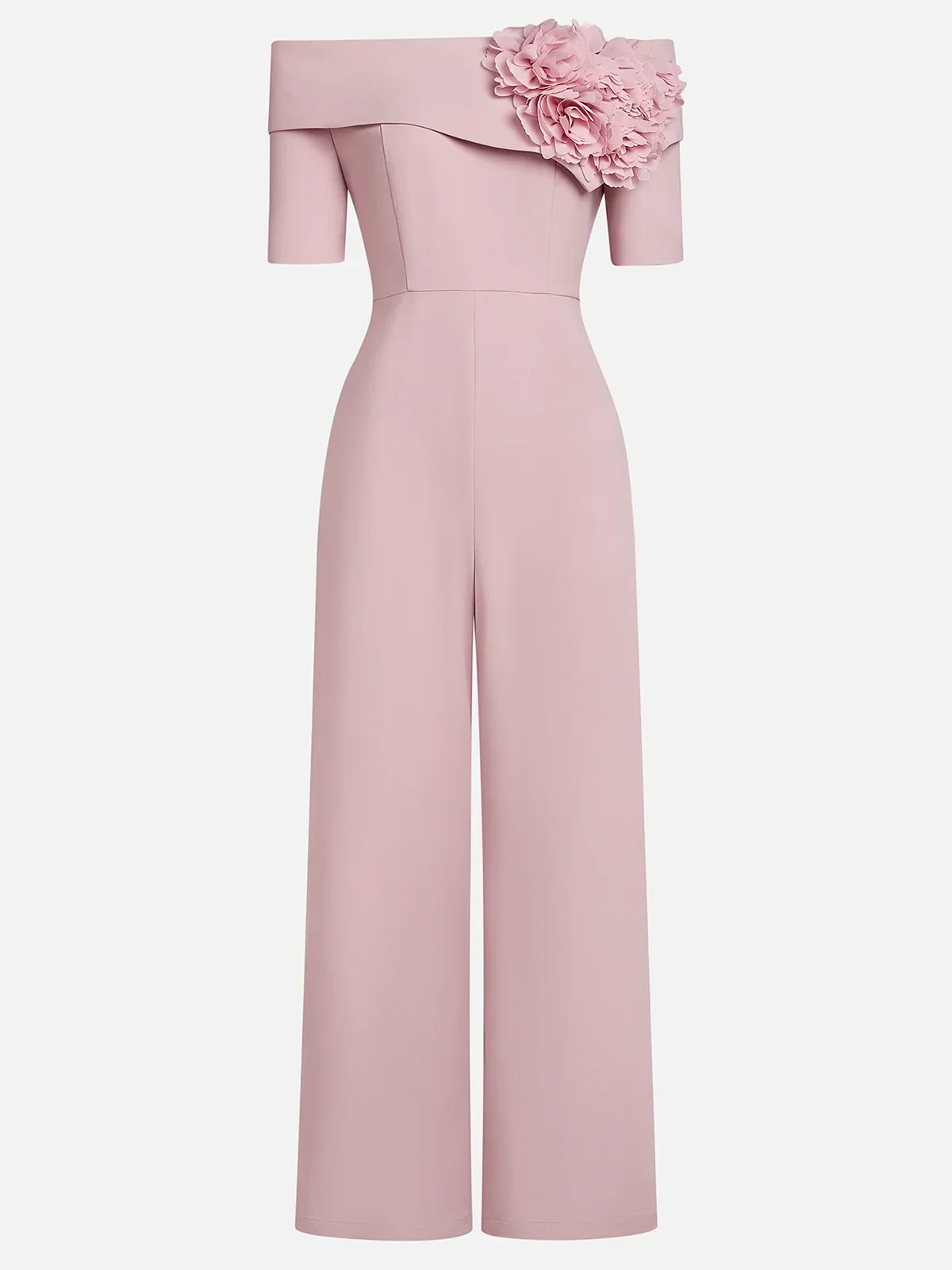 Women Pink 3D Floral Off The Shoulder Short Sleeve Dressy Jumpsuit