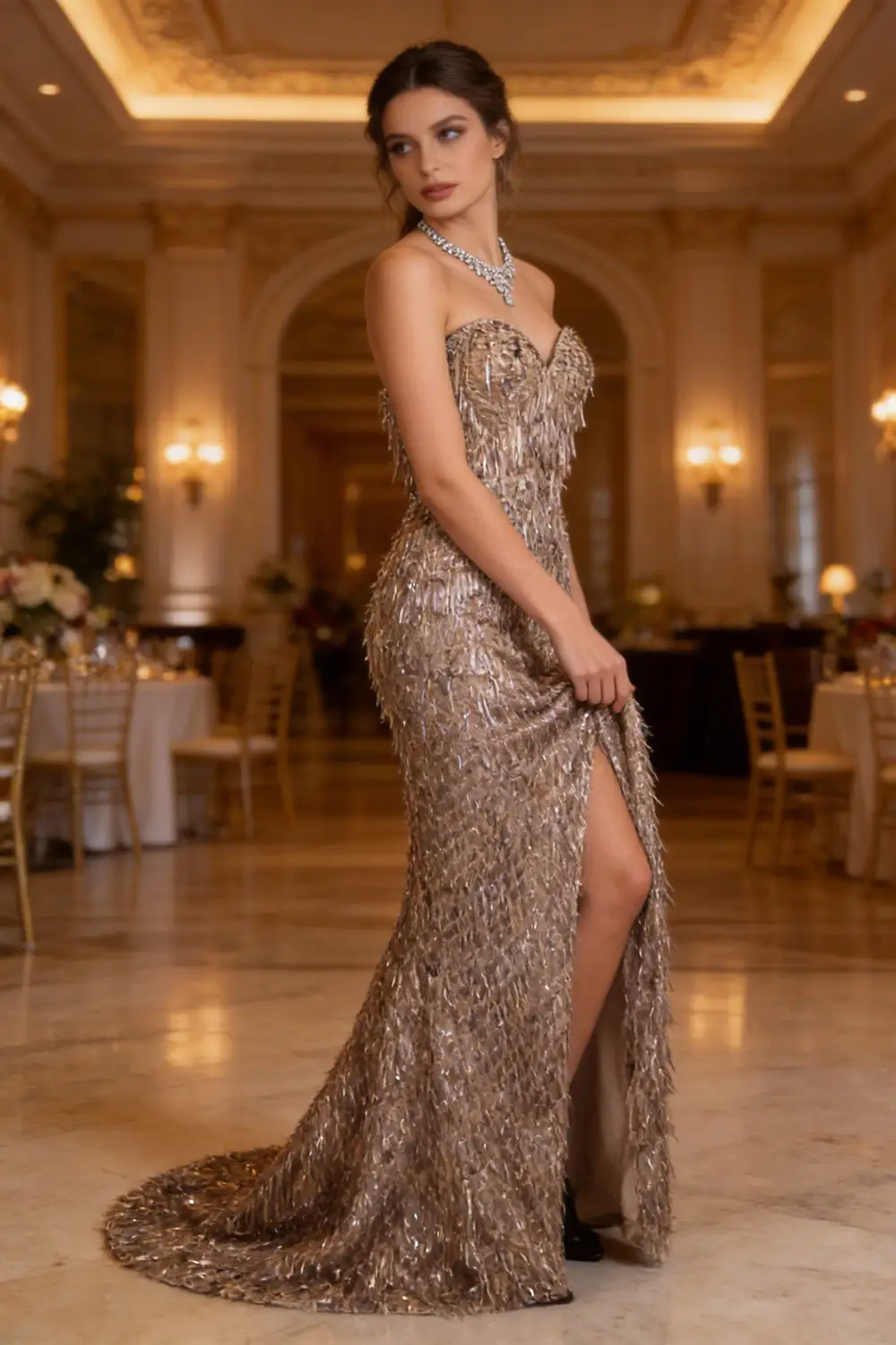 Glamorous Strapless Fringe Sequin Mermaid Gown With Train For Formal Events (ZD17127)