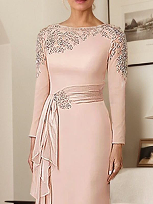 Elegant Blush Satin Sheath Mother of the Bride Dress with Long Sleeves - View 4 | FashionDia