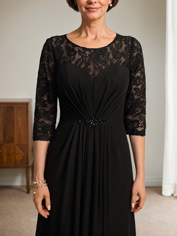 A-Line Scoop Illusion Floor-Length Lace Chiffon Mother Of the Bride Dress With Beading Ruffles