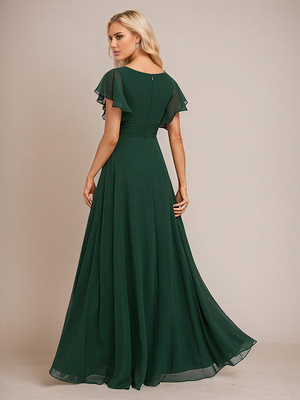 Dark Green A Line Chiffon V Neck Floor Length Bridesmaid Dress With Ruffle