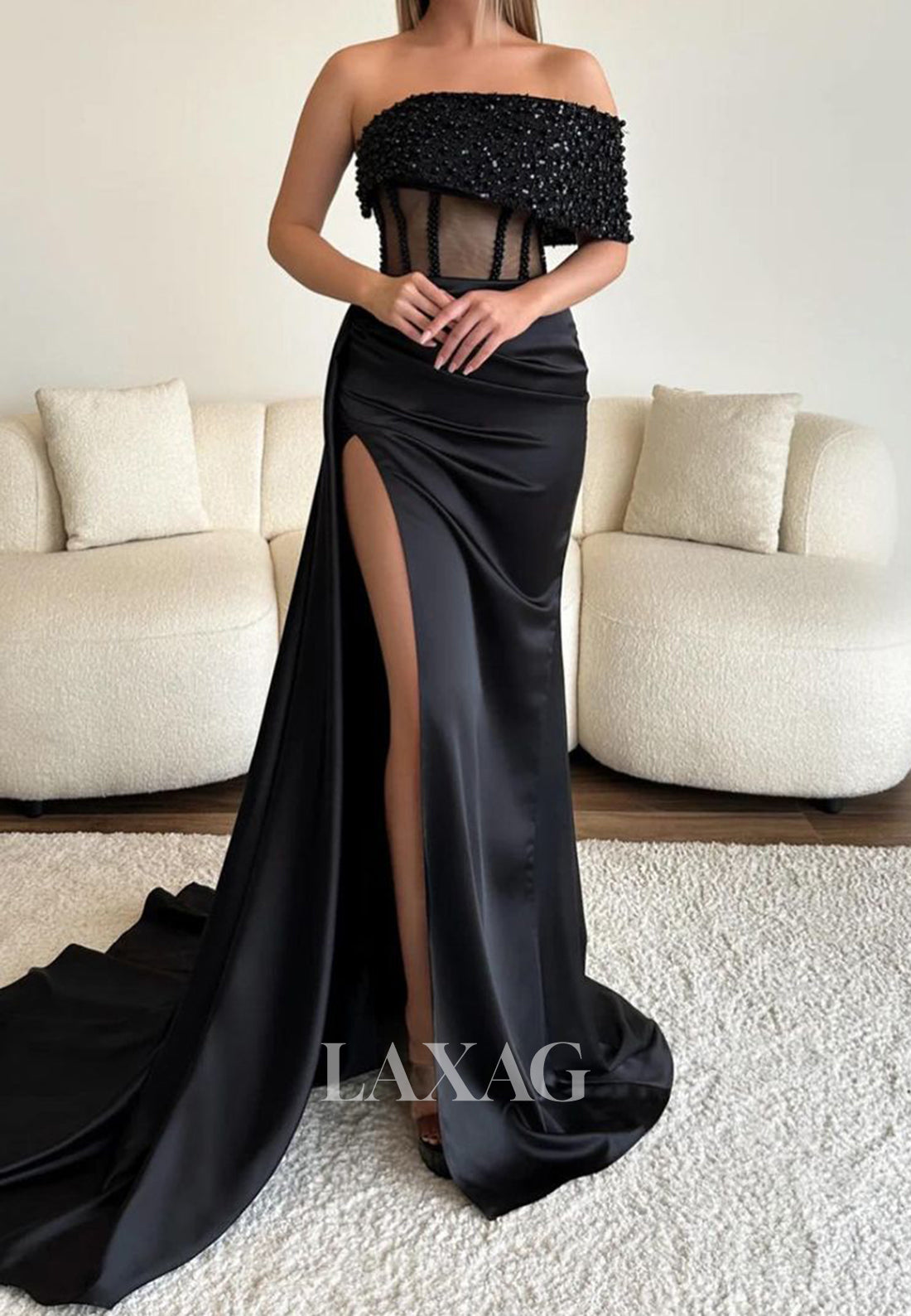 Off-Shoulder Tube Top Beaded Pleated Satin Party Gowns Sleeveless High Slit Mermaid Prom Dress