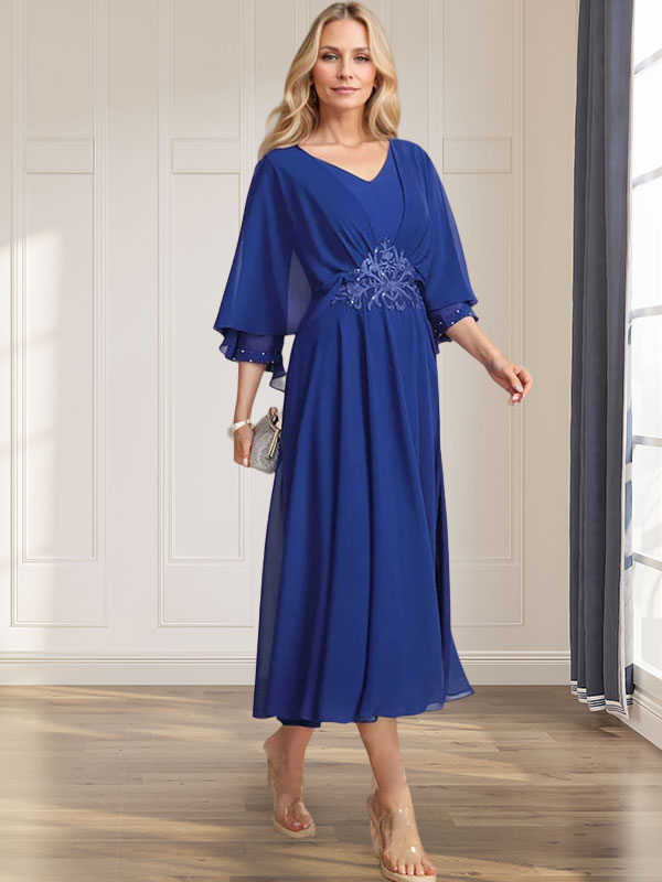 A-line V-Neck Tea-Length Chiffon Mother of the Bride Dress With Pleated Sequins Appliques Lace Beadind - View 4 | FashionDia