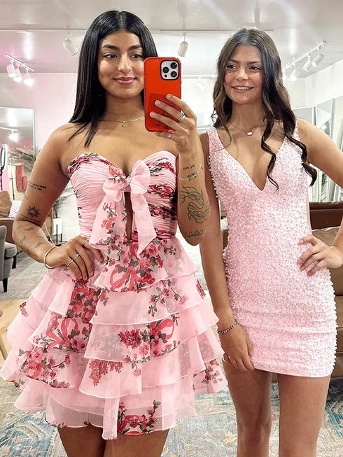 Flower A-Line Sweetheart Tiered Tulle Homecoming Dress