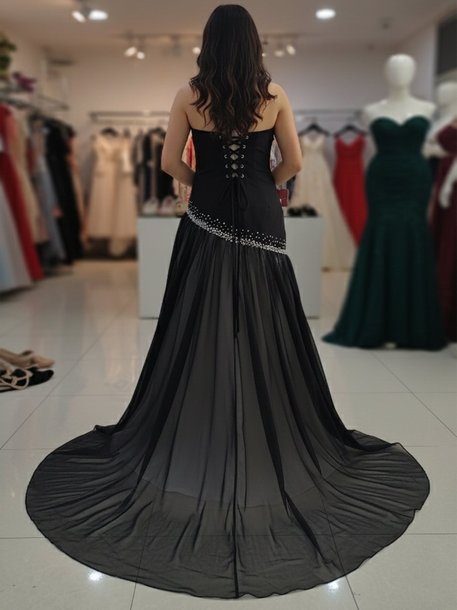 Galaxy Glamour Black Beaded Asymmetrical Tulle Prom Dress