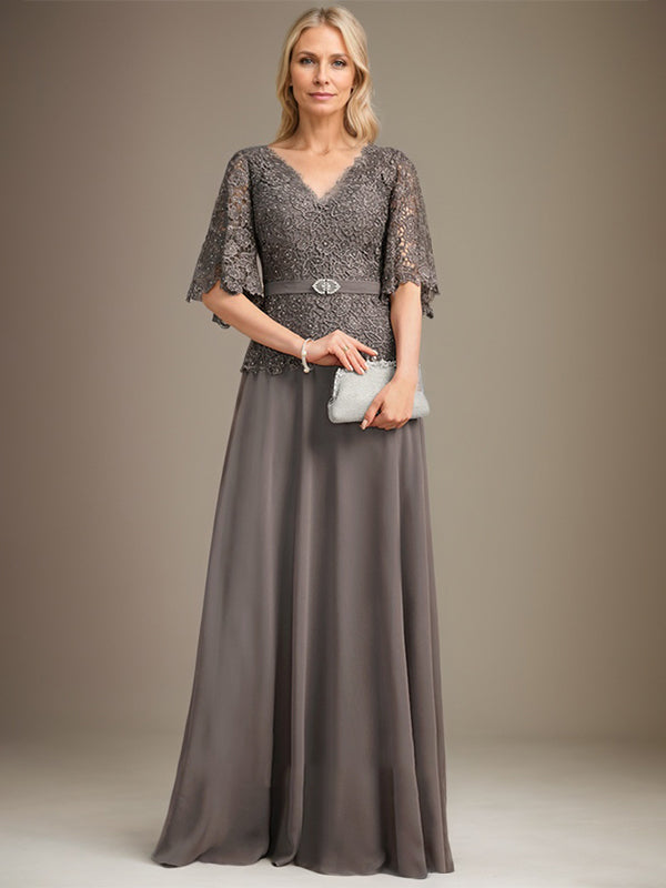 A-line V-Neck Floor-Length Chiffon Lace Mother of the Bride Dress With Crystal Brooch Rhinestone - View 4 | FashionDia