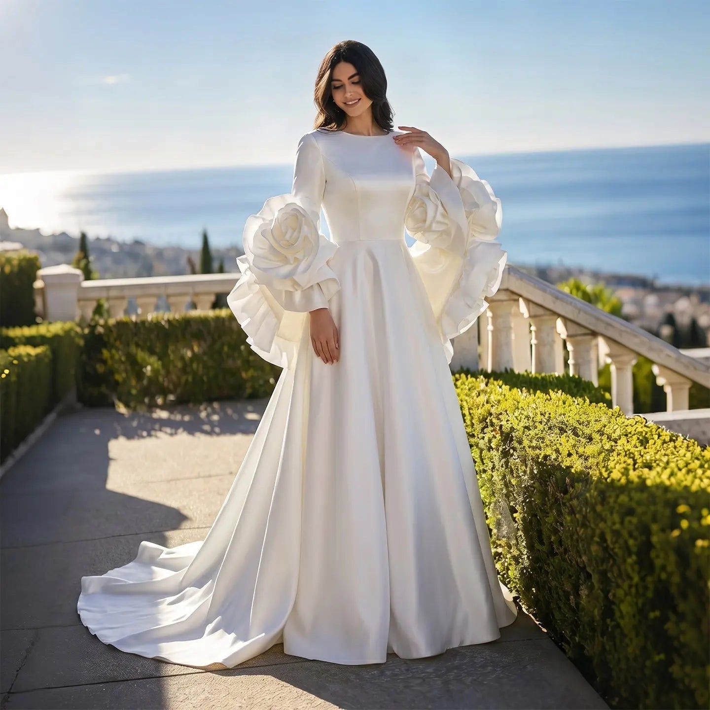 Ivory  Romantic A-Line Satin Wedding Dress 3D Rose Floral With Veil  ZP033