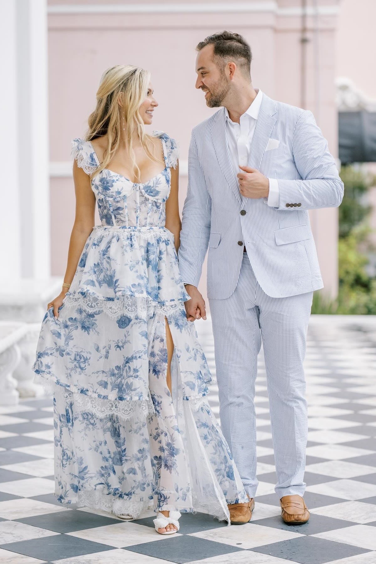 Gorgeous A Line Sweetheart Blue Floral Printed Long Party Dress with Split Front