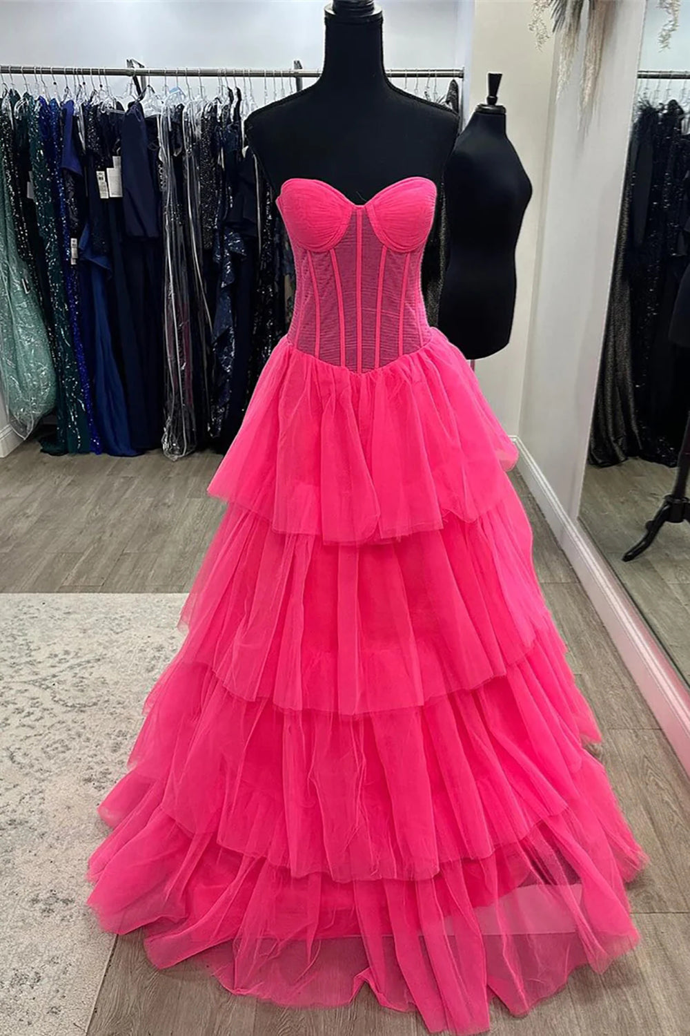 Charming A-Line Sweetheart Hot Pink Corset Prom Dress with Ruffles - FashionDia
