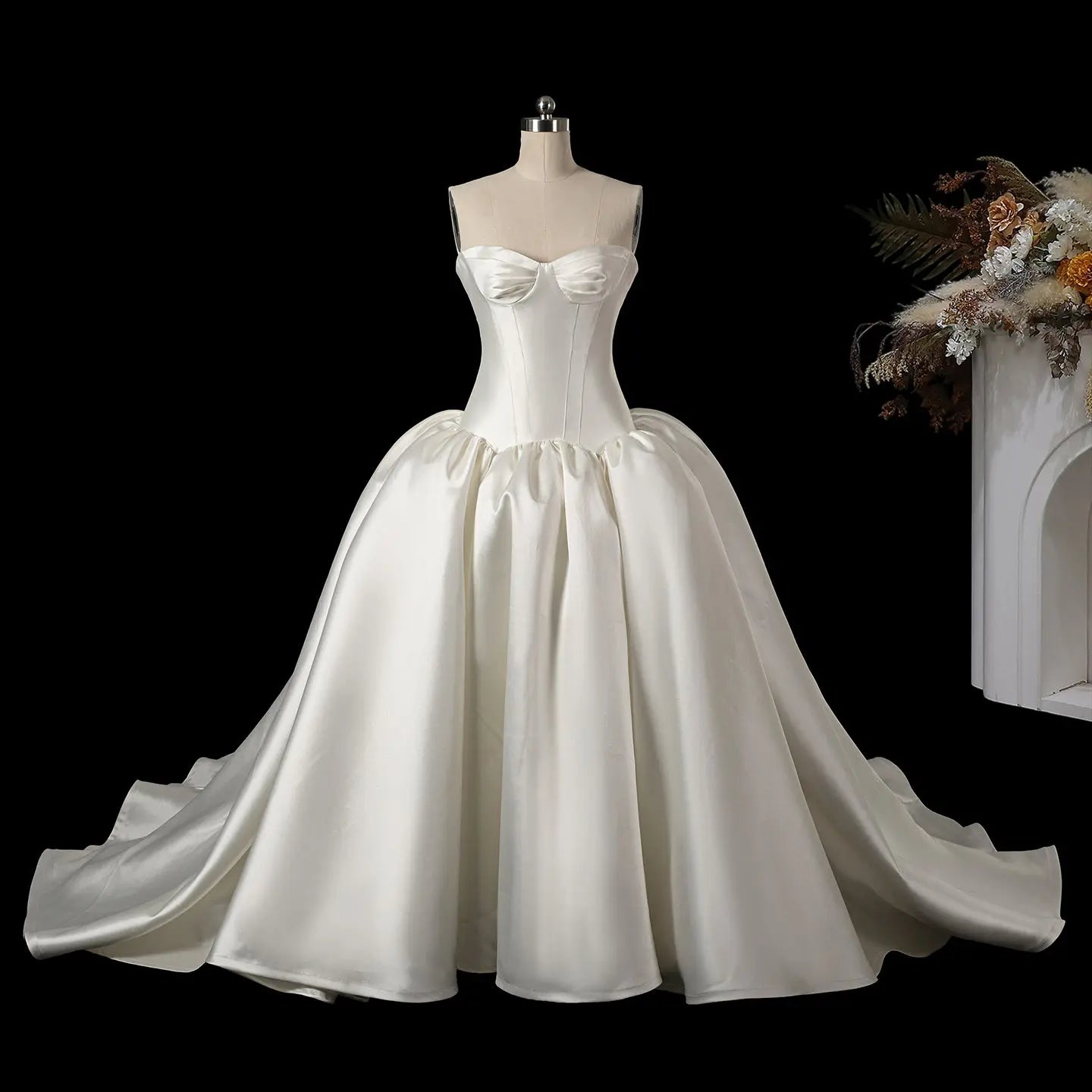 Classic White Satin Strapless Ball Gown Wedding Dress with Veil ZP114