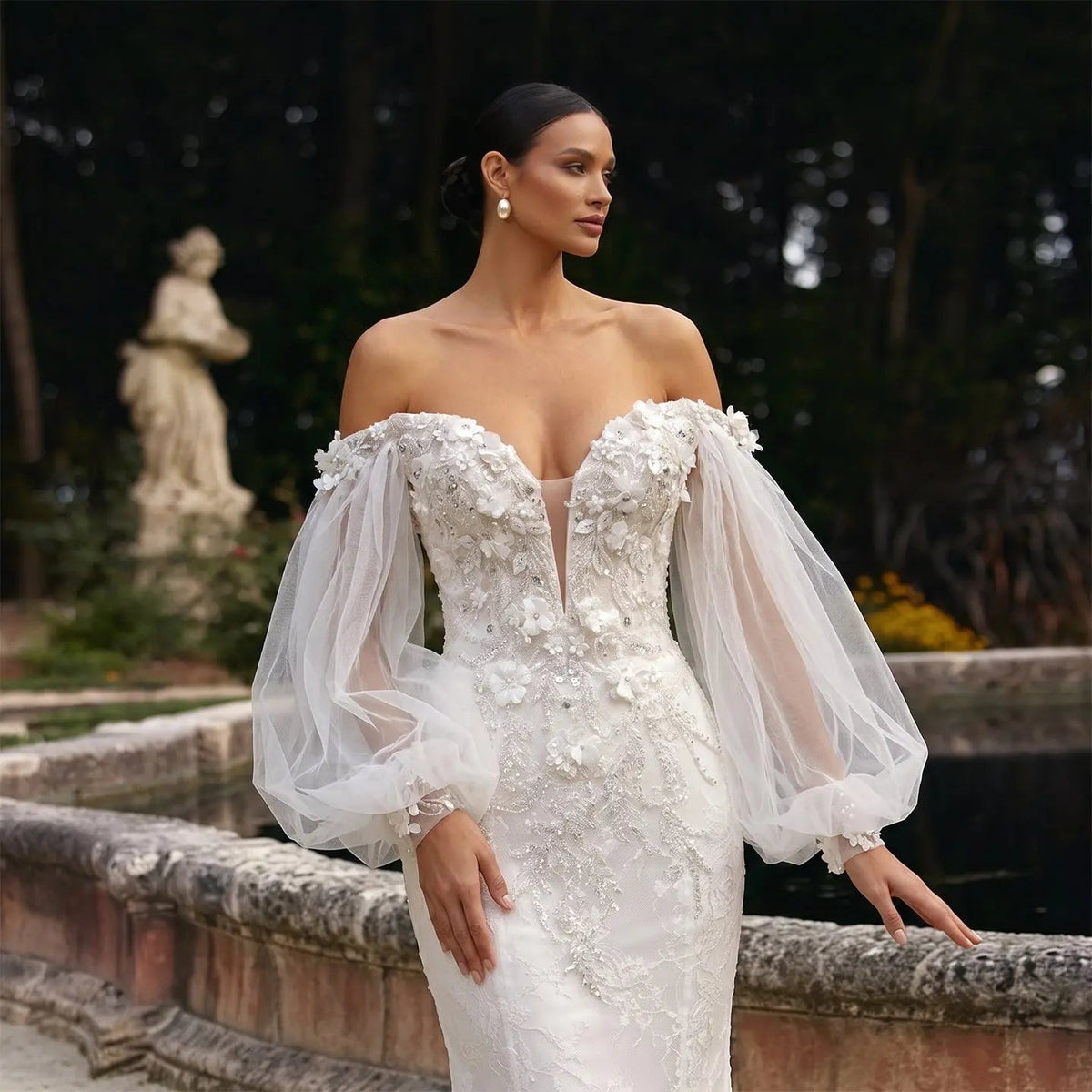 White  Off‑The‑Shoulder Puff Sleeve 3D Floral Mermaid Wedding Dress ZP005