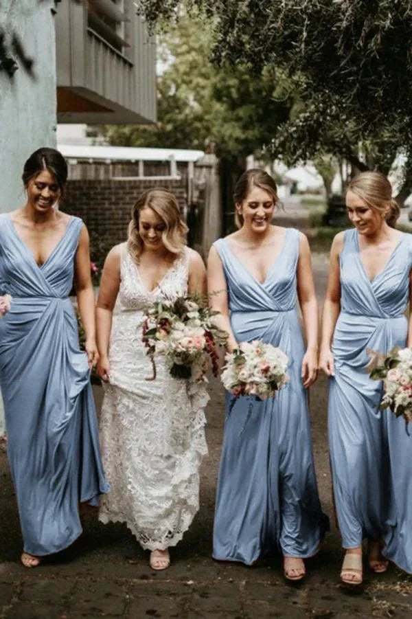 A Line Chiffon V Neck Sleeveless Floor Length Ruched Bridesmaid Dress